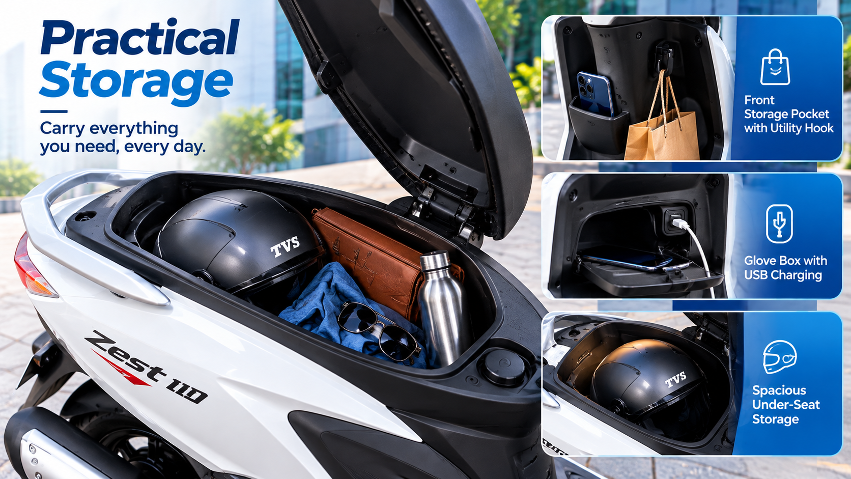 TVS Zest 110 practical storage compartments